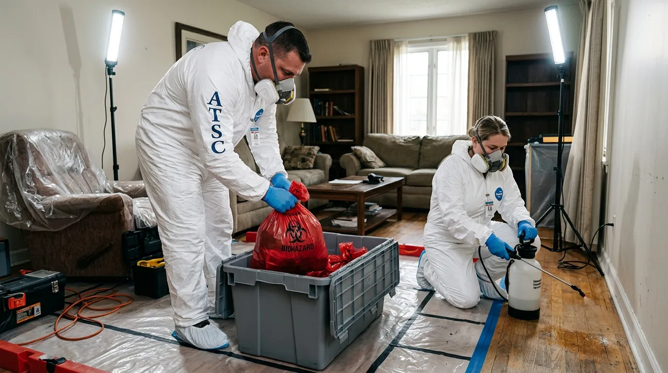 Professional Hoarding Cleanup technician in full PPE working in Pacific